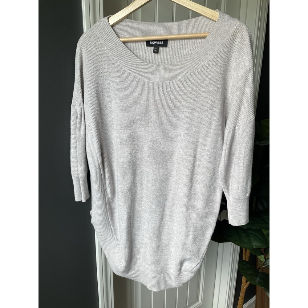 Express 3/4 Sleeve Sweater M Gray Marl Ribbed Extreme Circle Hem Tunic Dolman